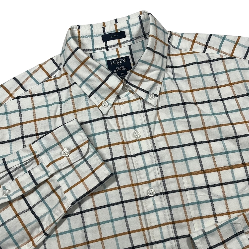 J.Crew Flex Oxford Shirt Mens M White Blue Brown Slim Fit Grid Button Down AD163